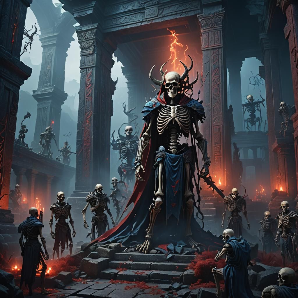 Mysterious Dark Fantasy Temple with Skeletons