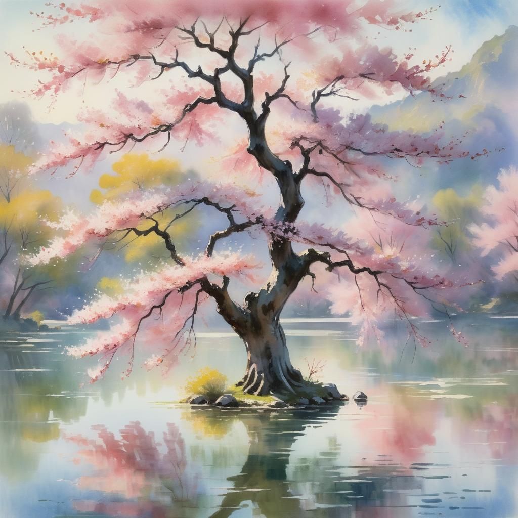 Majestic Sakura Tree in Watercolor Style