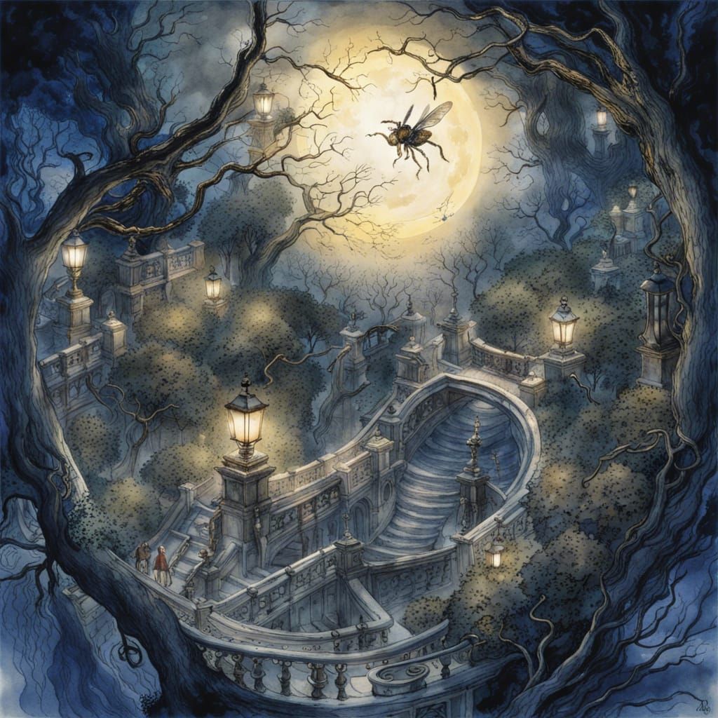 Dark Academia Park Maze with Wasps: Ink and Watercolor