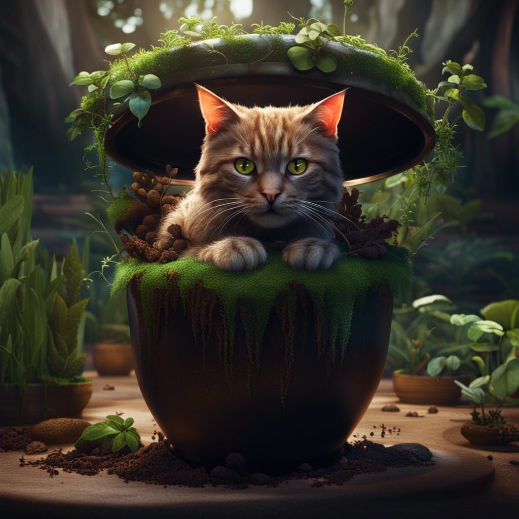Cat Covered in Soil in Pot of Plants