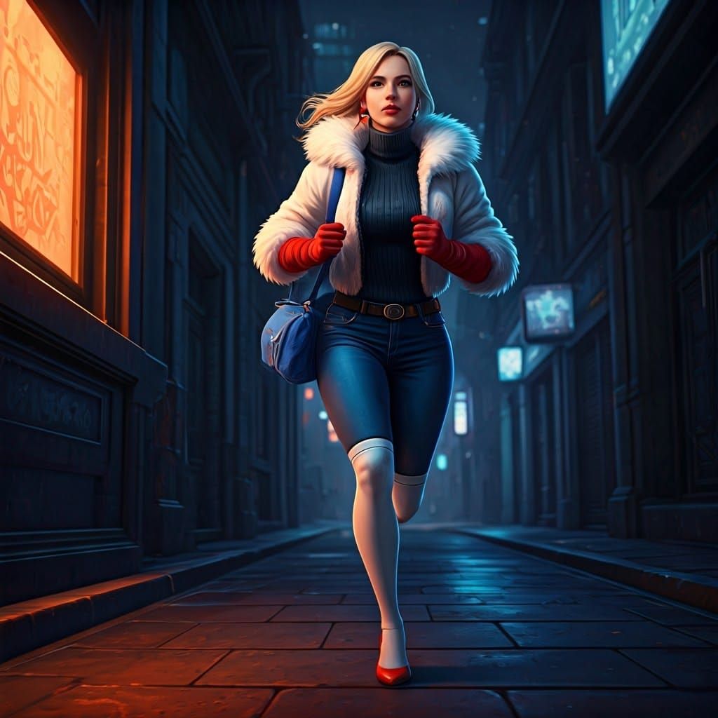 Voluptuous Blonde Runs in Urban Fantasy Matte Painting