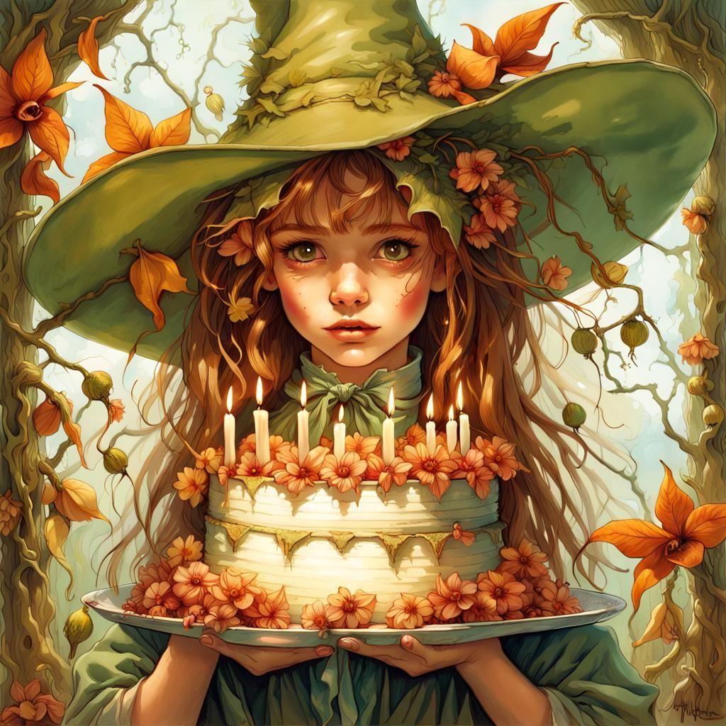 Elf Girl with Witch Hat and Cake