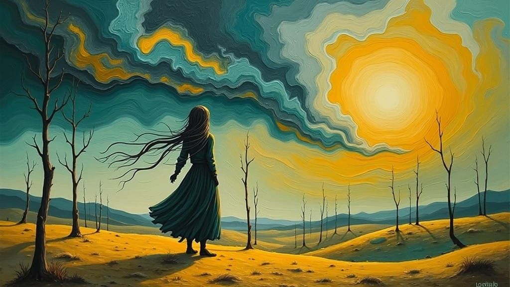 Figure in Golden Sunset Desert Landscape