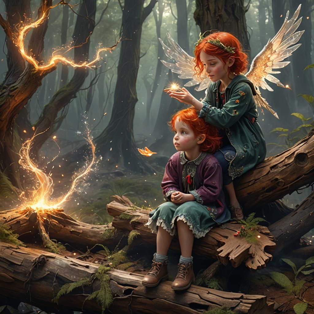 Little Girl Reaching for Smoke Angel in Forest
