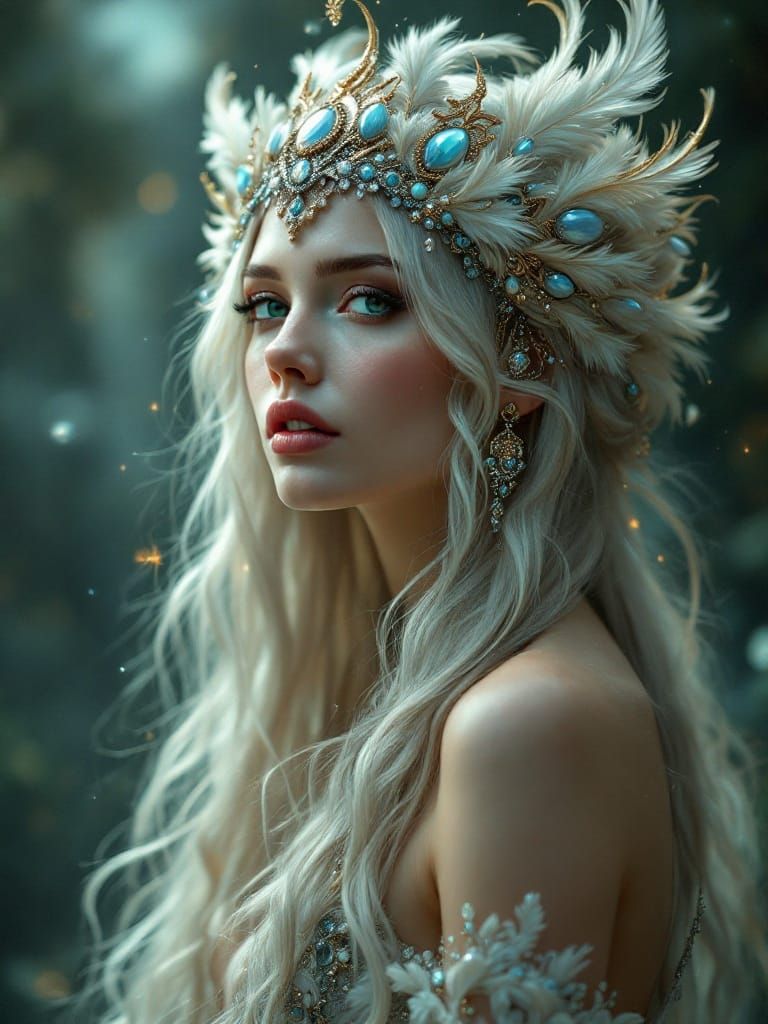 Ethereal Siren in Opulent Headdress, Dreamlike Backdrop