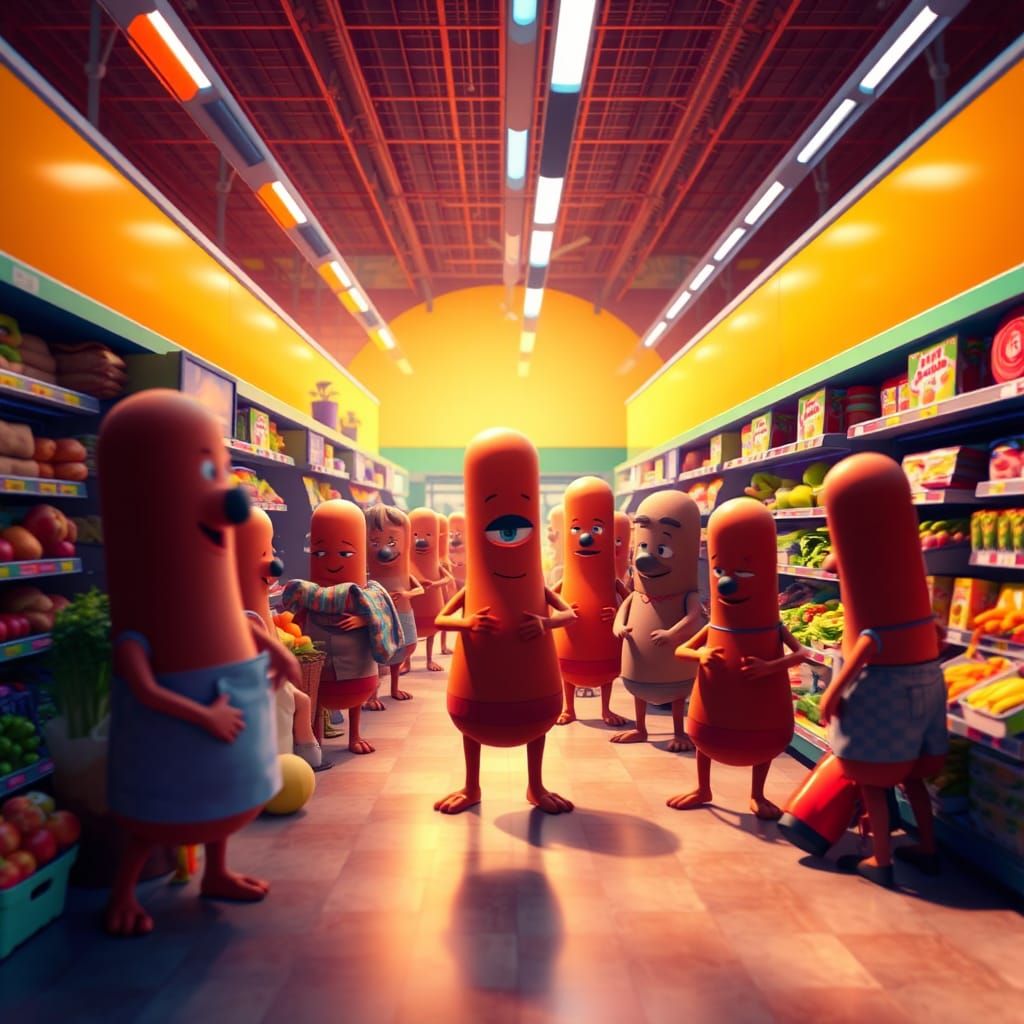 Anthropomorphic Groceries in Supermarket, 3D Digital Art