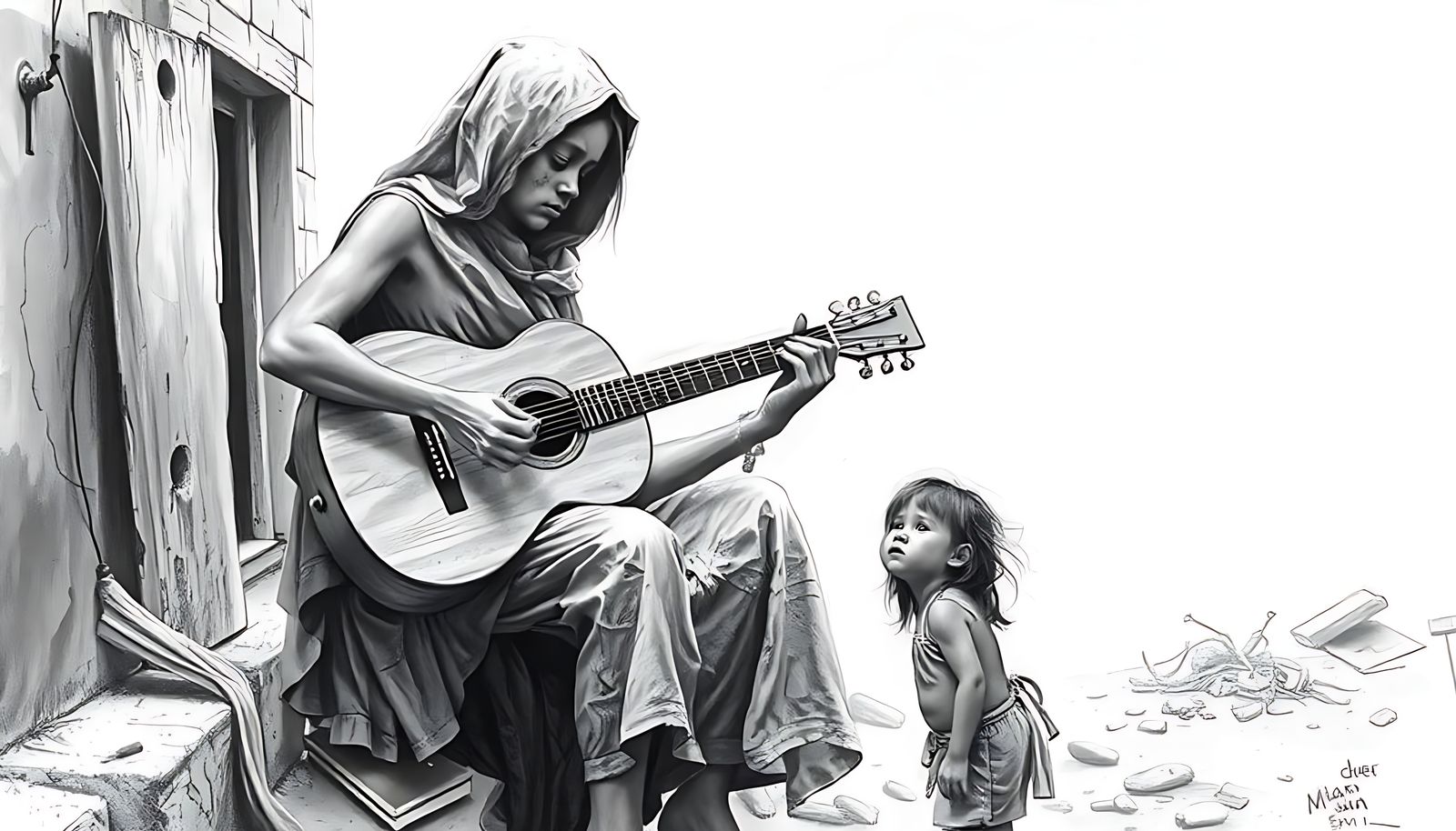 Melancholic Post-Apocalyptic Mother's Song: Pencil Drawing