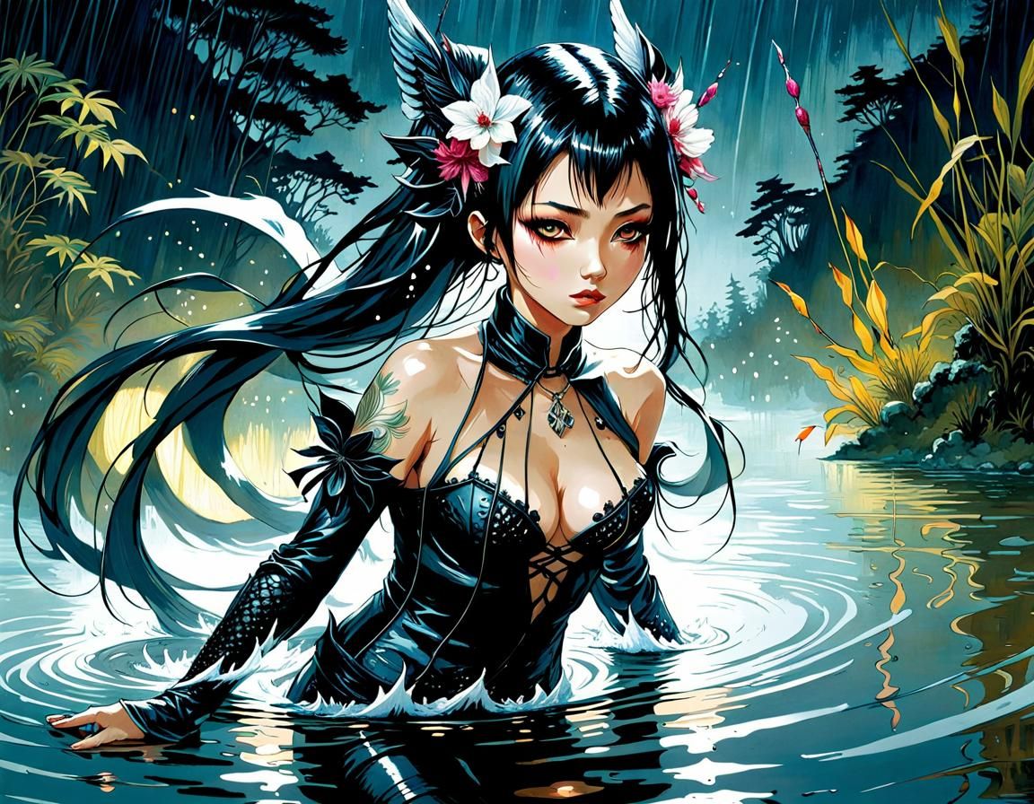 Gothic Siren Splashing in Lake at Night