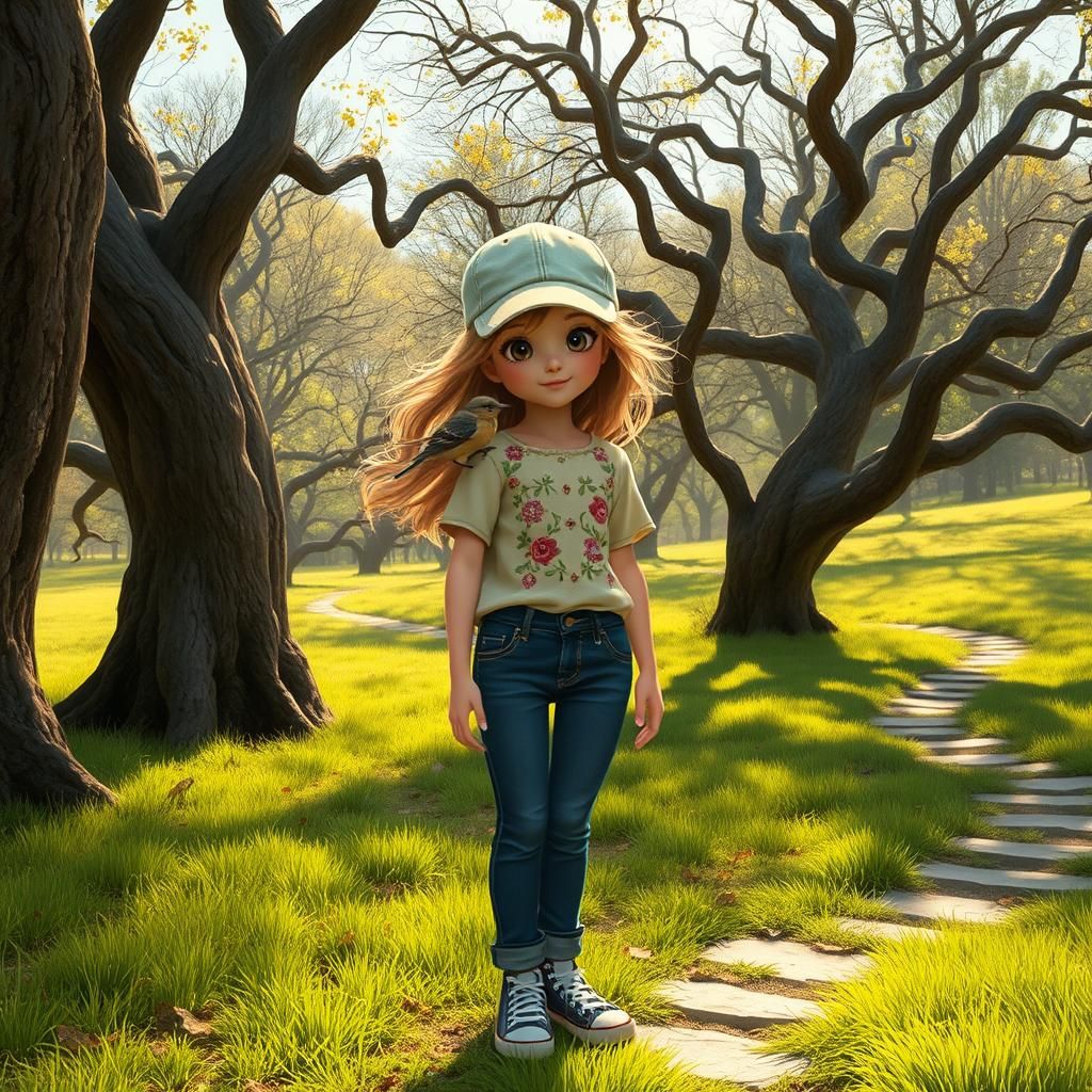Girl with Sparrow in Sun-Drenched Park, Pixar Style