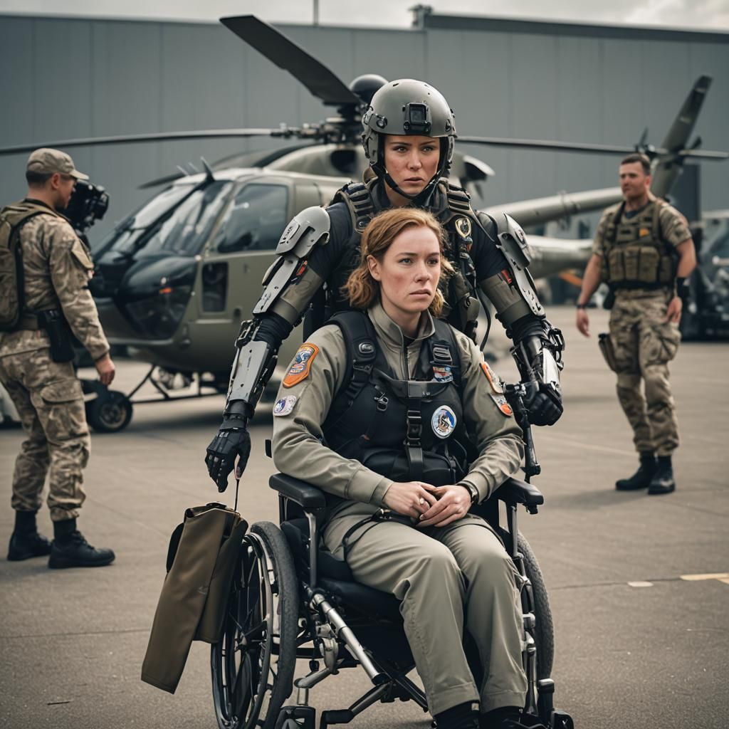 Cyborg Athlete in Wheelchair Ascends to Helicopter