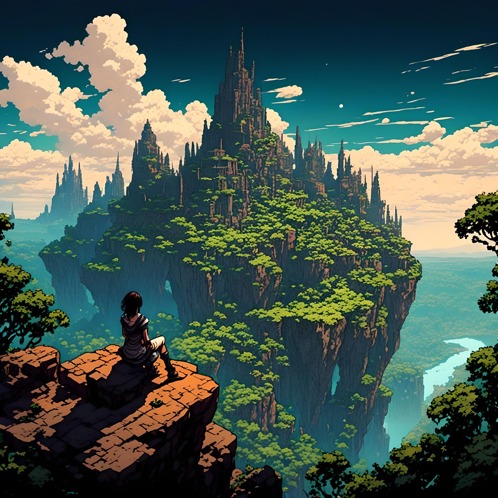 Woman Overlooks Ruined City in 2D Pixel Art