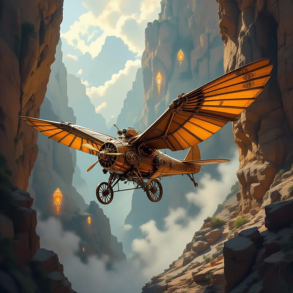Steampunk Ornithopter Glides Through Misty Canyon
