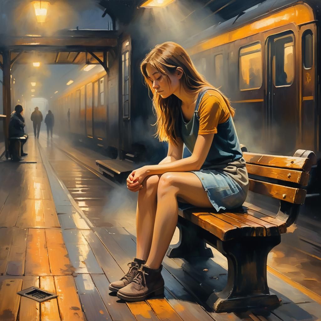 Misty Train Station Oil Painting of Solitary Woman
