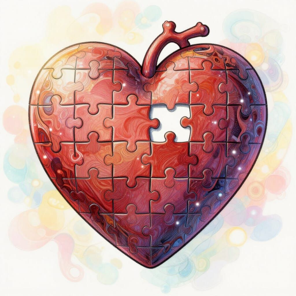 Heart Puzzle with Missing Piece in Rich, Expressive Line Art