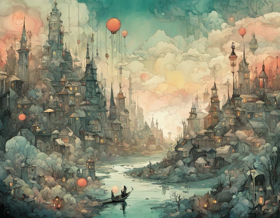 Abstract Winter Landscape with Neon Sunset