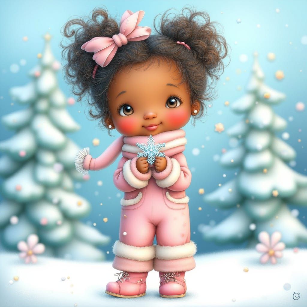 Adorable Girl in Snowy Wonderland in Watercolor Style