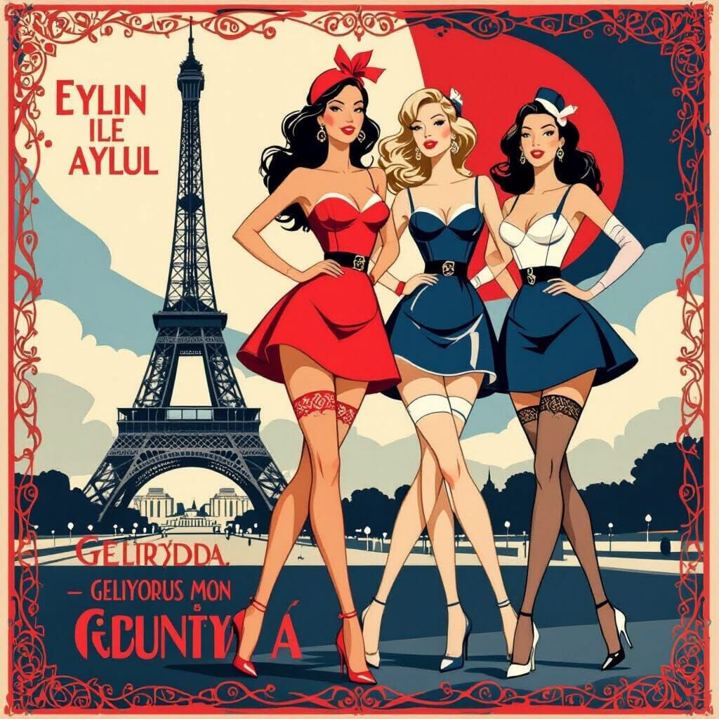 Glamorous Women in Mini Dresses at Eiffel Tower