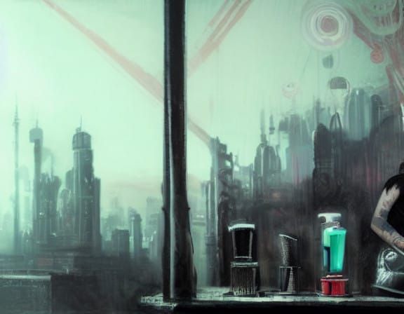 Cyberpunk Goth Fashion Model in Futuristic Coffee Shop Inter...