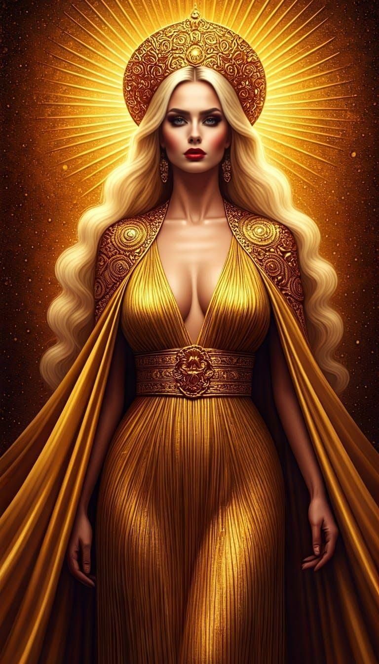 Golden Goddess with Intricate Gown and Regal Crown