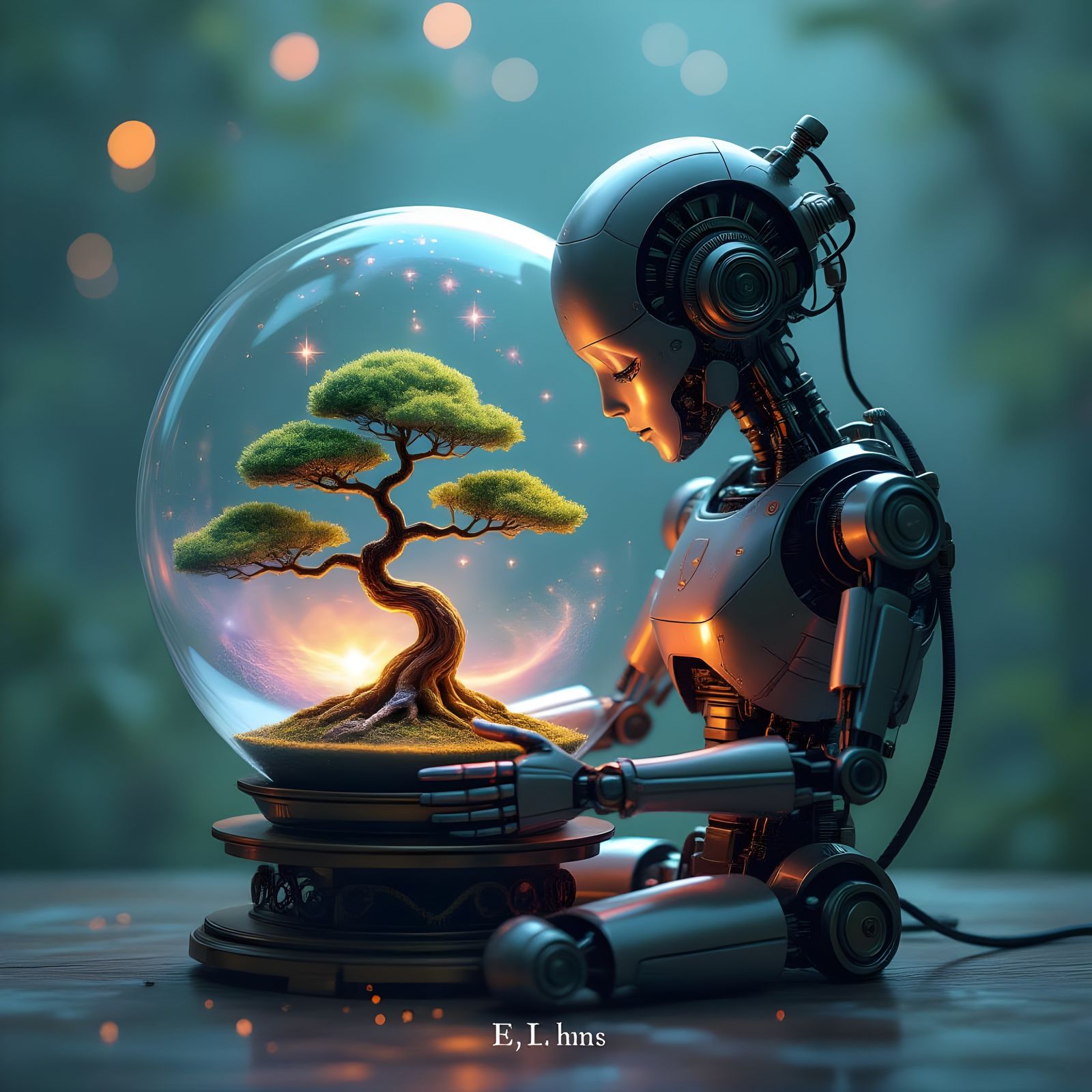 Automaton Holds Cosmic Bonsai in Glass Terrarium