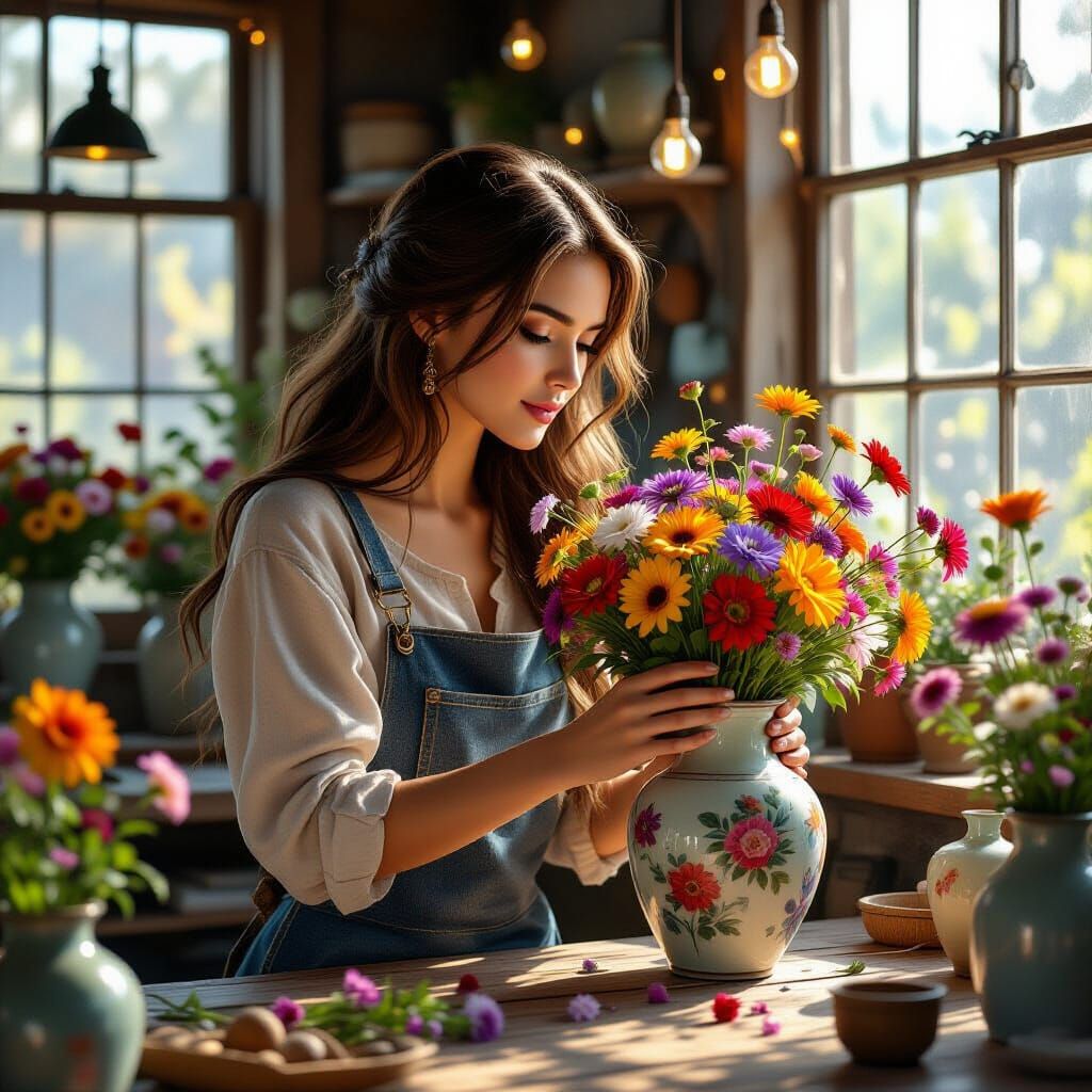 Woman in Workshop with Flowers, Matte Painting Style