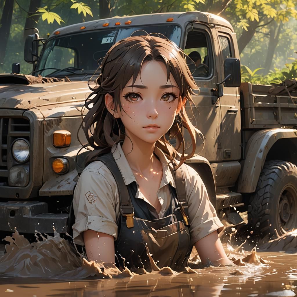 Anime Girl in Muddy Truck: 3D Render