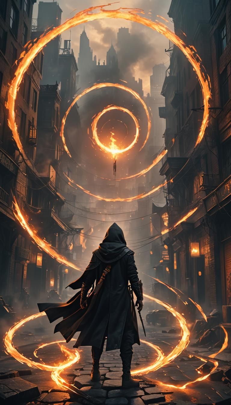Man Before Ring of Fire in Shadowy City