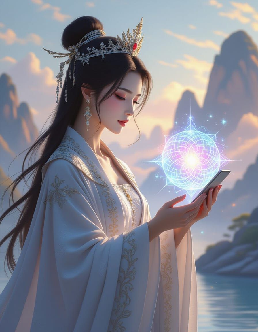 Regal Queen Contemplates Holographic Smartphone in Ethereal ...