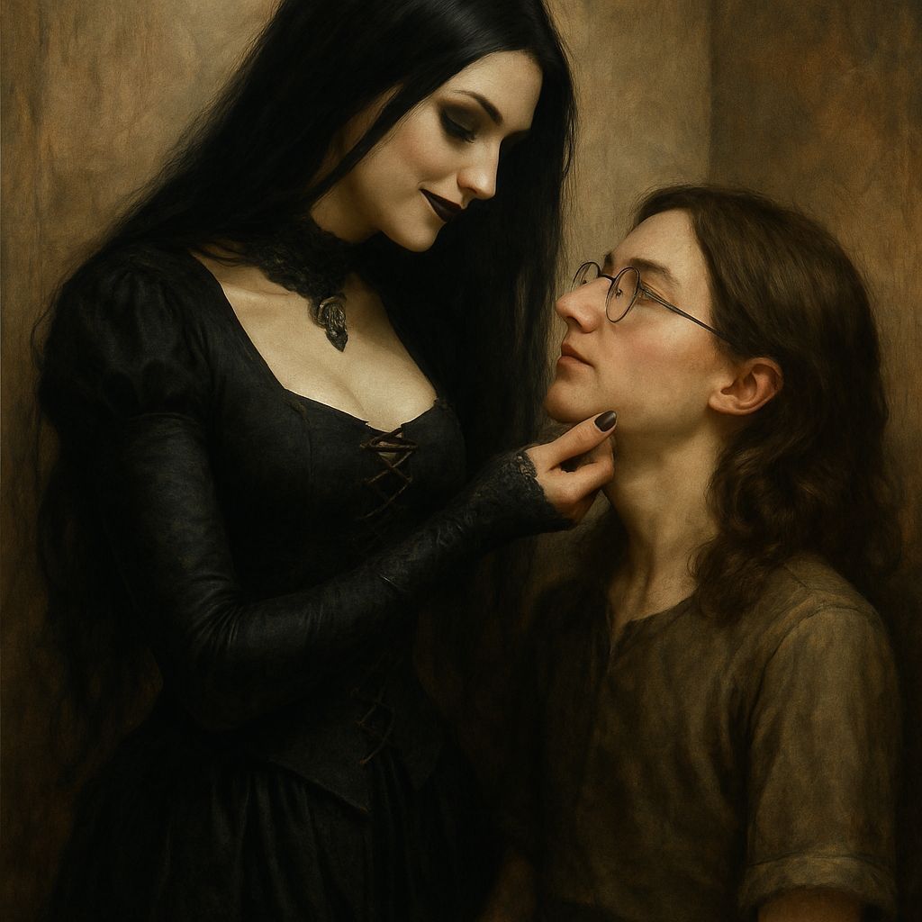 Gothic Woman's Romantic Encounter: Oil on Canvas
