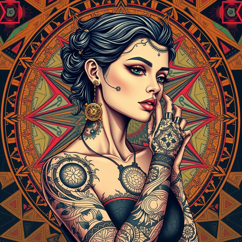 traditional tattoo Lady aesthetics with futuristic, cyberpun...