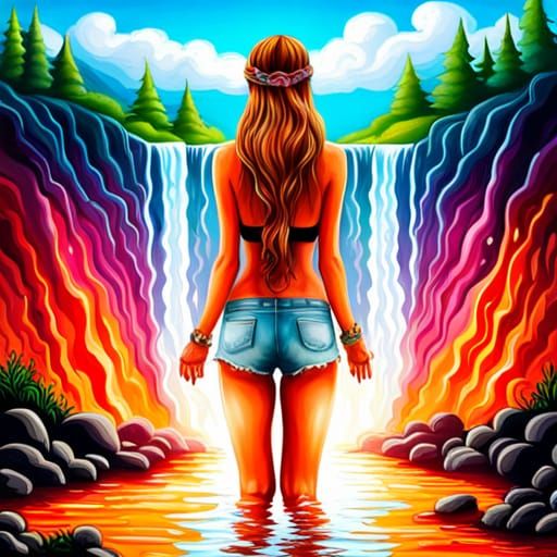 Hippie Girl in Waterfall: Graffiti Art Style
