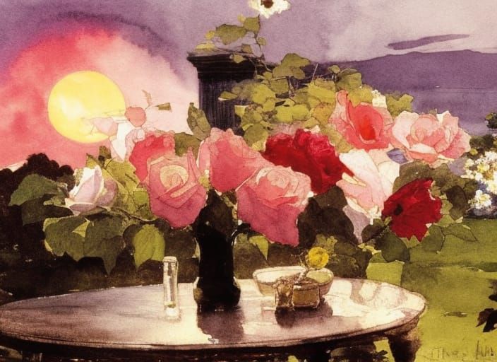 Roses in Moonlight: Watercolor Painting