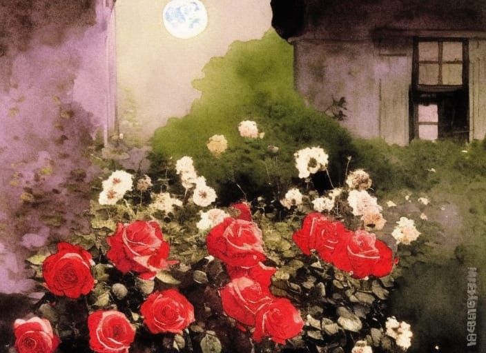 Moonlit Roses: Watercolor Painting with Vibrant Colors