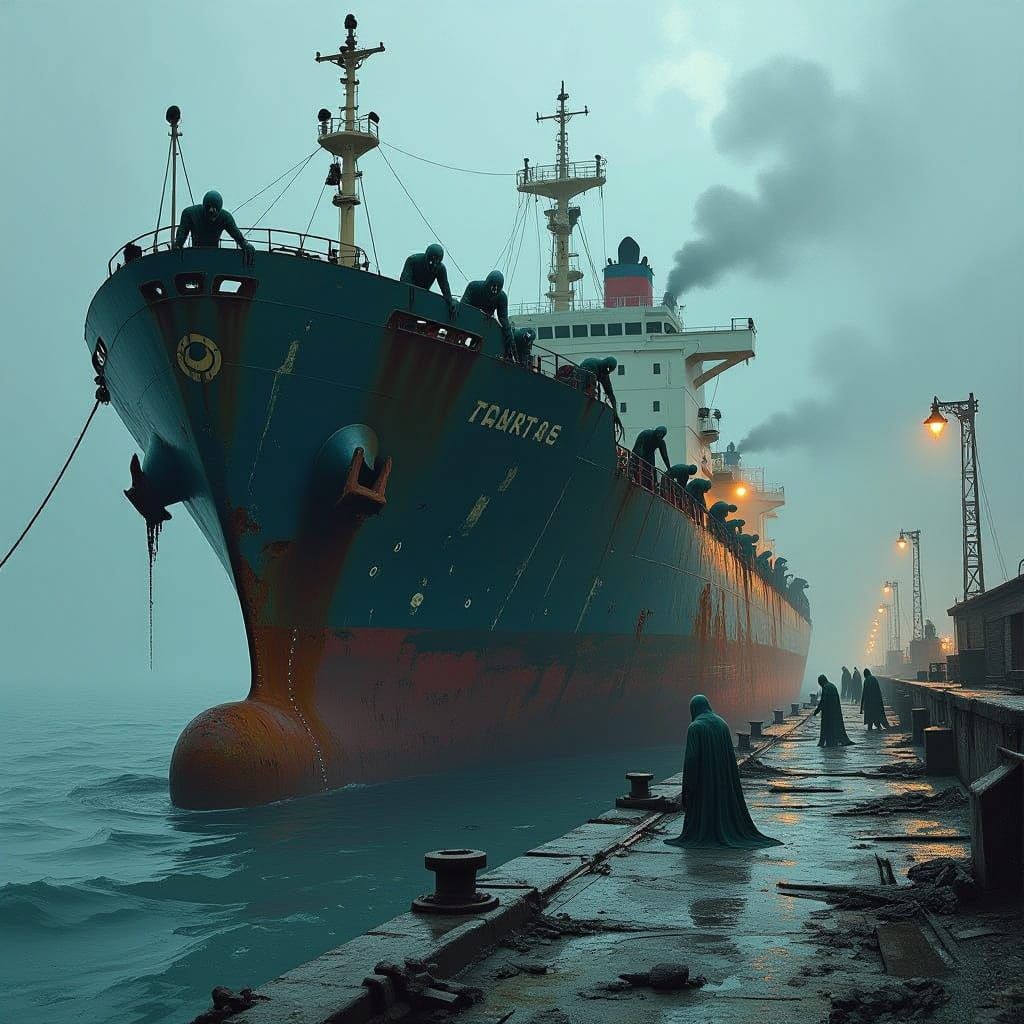 Sinister Cargo Ship Hauls Ghouls in Dark Horror Scene