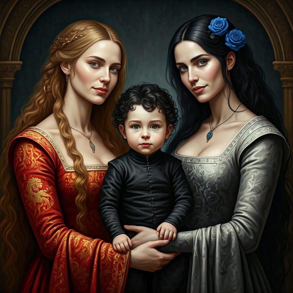 Medieval Lesbian Family Portrait in Oil Painting Style
