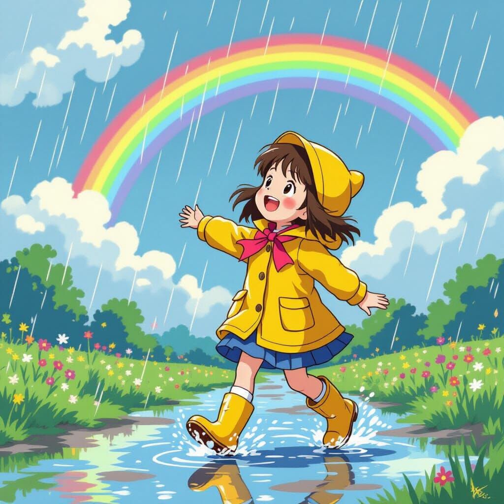 Joyful Girl in Yellow Raincoat Chases Rainbow