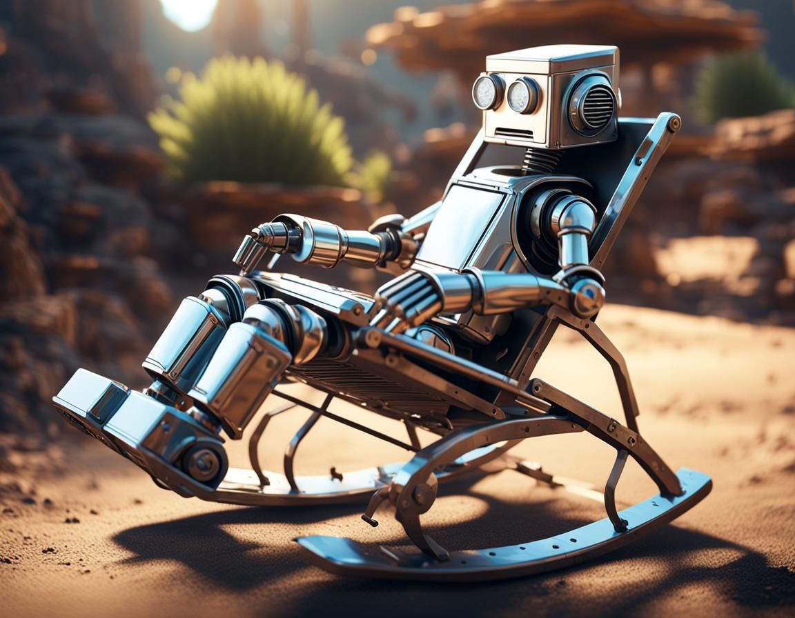 Wind-Up Robot Toy Asleep in Sunlit Rocking Chair