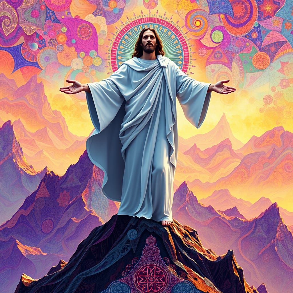 Biblical Figure in Abstract Fractal Landscape