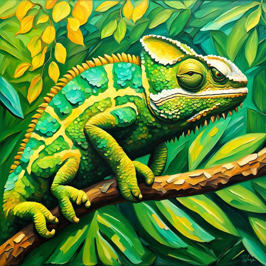 Green Chameleon Hiding: Neo-Impressionist Oil Painting