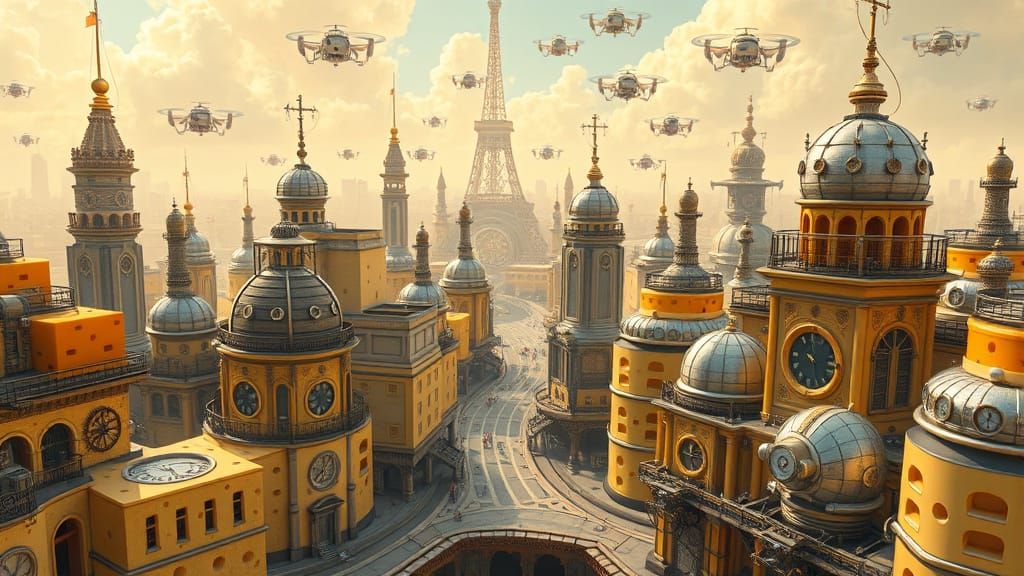 Futuristic Cheese Metropolis with Steampunk Flair
