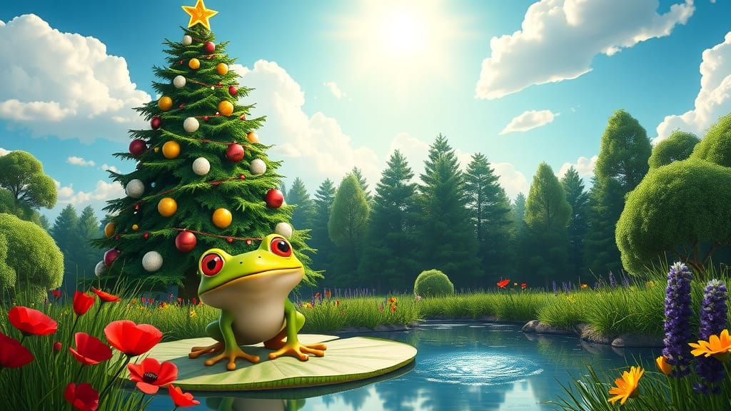 Idyllic Christmas Scene with Towering Evergreen Tree and Che...