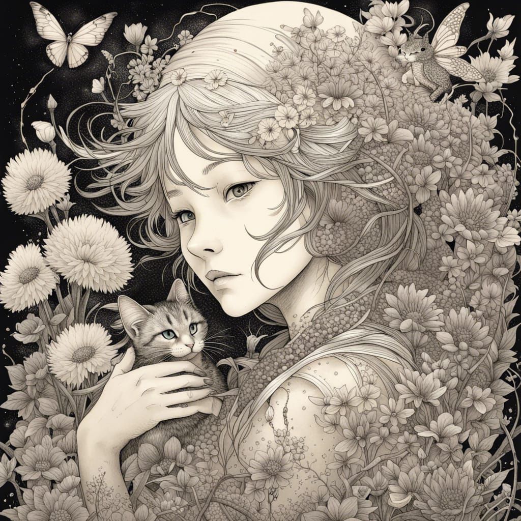 Fairy and Cat: Minimalist Ink Drawing