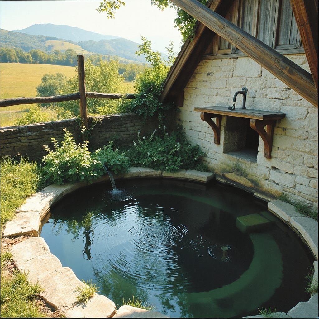 Rustic Water Well in Countryside Landscape