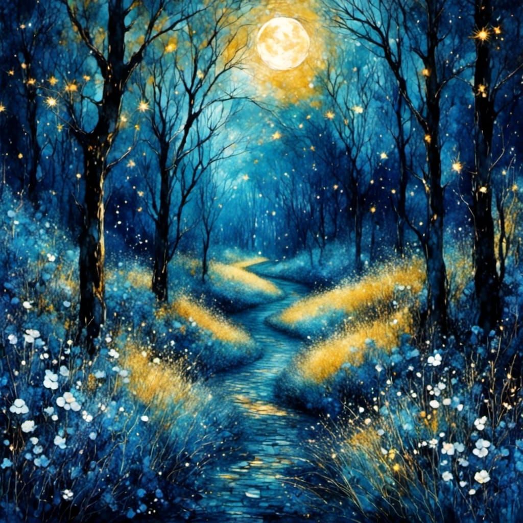 Blue Forest Path Under Starry Night Sky