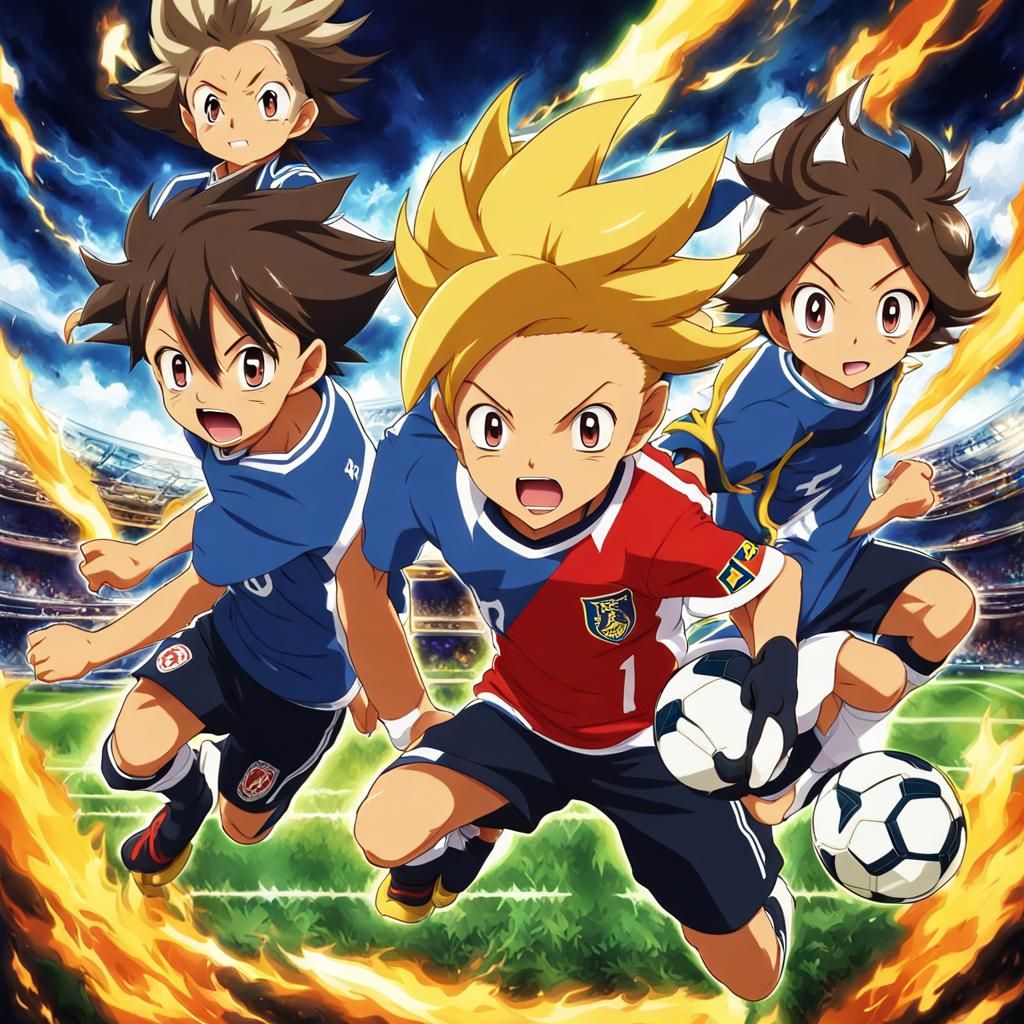 Intense Anime Soccer Match with Fire and Lightning
