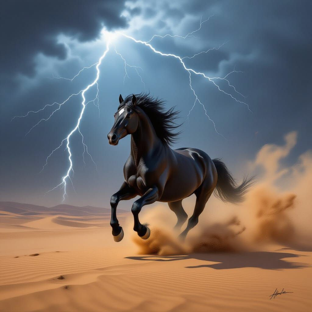 Black Stallion Gallops Through Desert Sandstorm