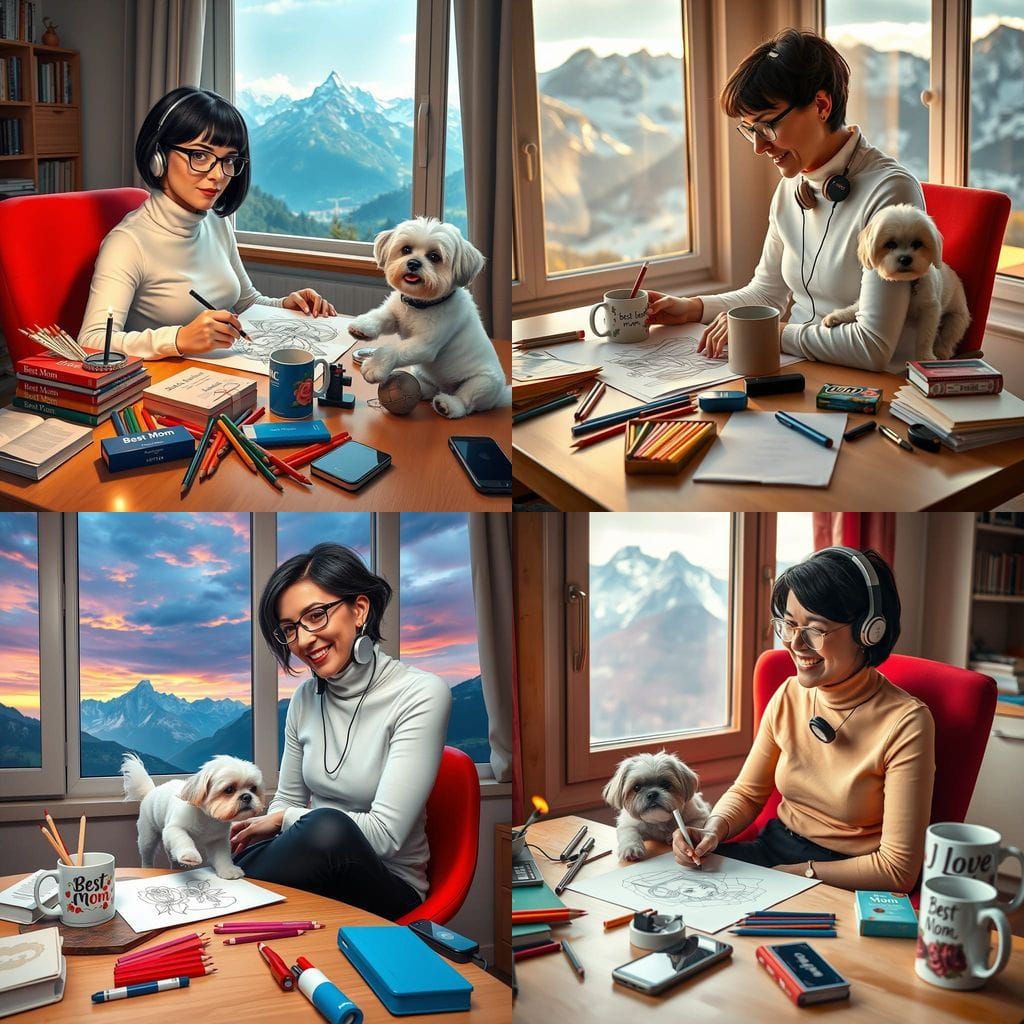 Mother Creates Art with Whimsical Puppy by Her Side