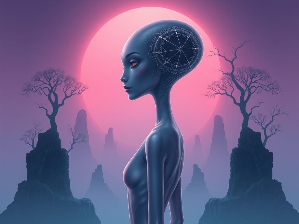 An otherworldly, slender alien female with iridescent skin.