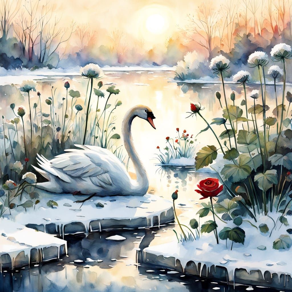 Serene Swan in Ethereal Winter Watercolor