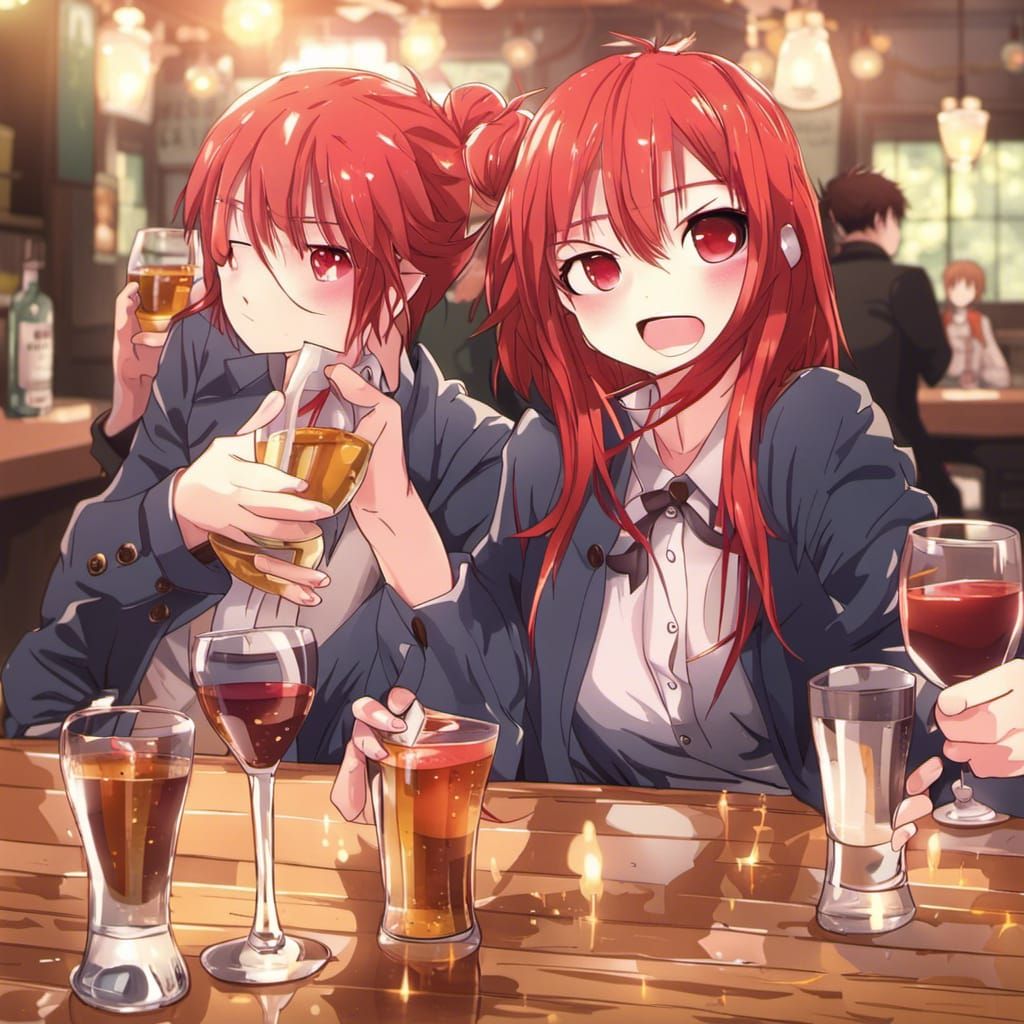 Red-Haired Girl Drinking with Friends in Anime Style